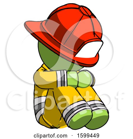 Green Firefighter Fireman Man Sitting with Head down Facing Angle Right by Leo Blanchette