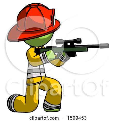 Green Firefighter Fireman Man Kneeling Shooting Sniper Rifle by Leo Blanchette