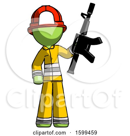 Green Firefighter Fireman Man Holding Automatic Gun by Leo Blanchette