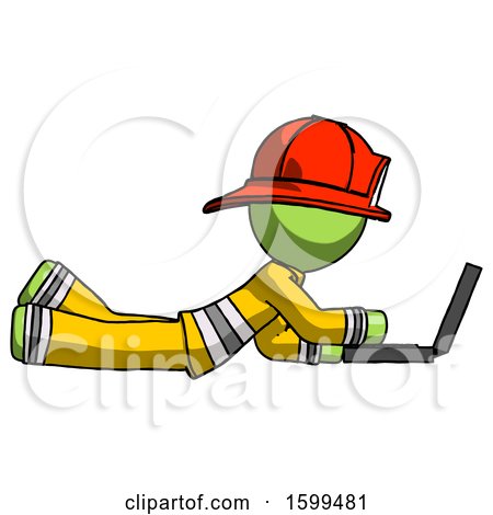 Green Firefighter Fireman Man Using Laptop Computer While Lying on Floor Side View by Leo Blanchette