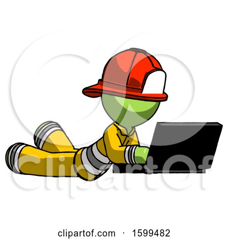 Green Firefighter Fireman Man Using Laptop Computer While Lying on Floor Side Angled View by Leo Blanchette
