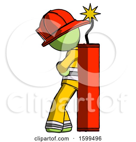 Green Firefighter Fireman Man Leaning Against Dynimate, Large Stick Ready to Blow by Leo Blanchette