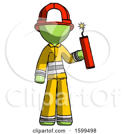 Green Firefighter Fireman Man Holding Dynamite with Fuse Lit by Leo Blanchette
