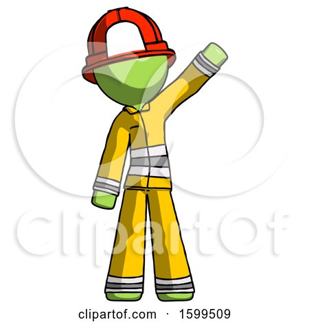 Green Firefighter Fireman Man Waving Emphatically with Left Arm by Leo Blanchette
