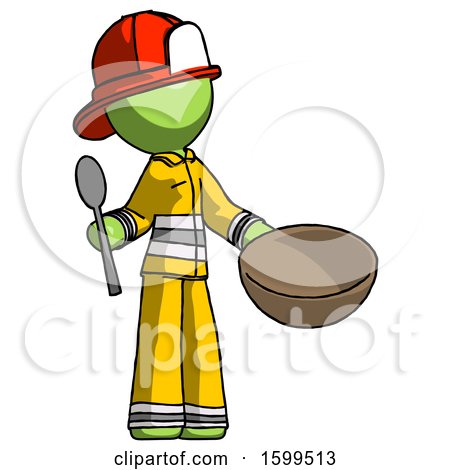 Green Firefighter Fireman Man with Empty Bowl and Spoon Ready to Make Something by Leo Blanchette
