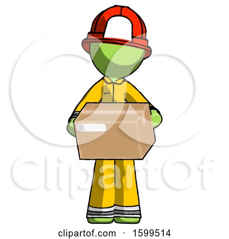 Green Firefighter Fireman Man Holding Box Sent or Arriving in Mail by Leo Blanchette