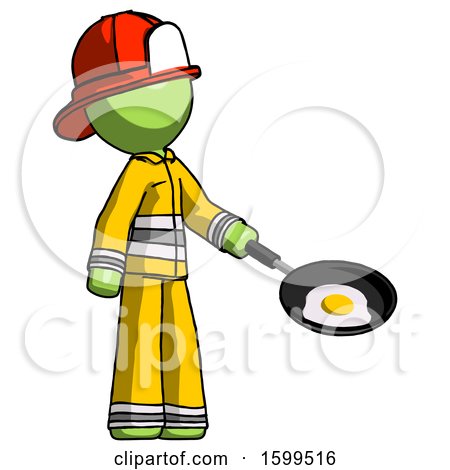 Green Firefighter Fireman Man Frying Egg in Pan or Wok Facing Right by Leo Blanchette