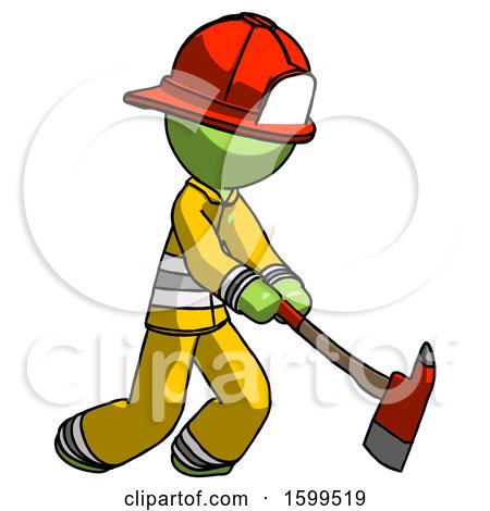 Green Firefighter Fireman Man Striking with a Red Firefighter's Ax by Leo Blanchette