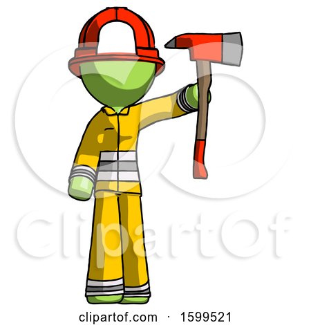 Green Firefighter Fireman Man Holding up Red Firefighter's Ax by Leo Blanchette