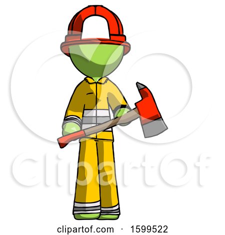 Green Firefighter Fireman Man Holding Red Fire Fighter's Ax by Leo Blanchette