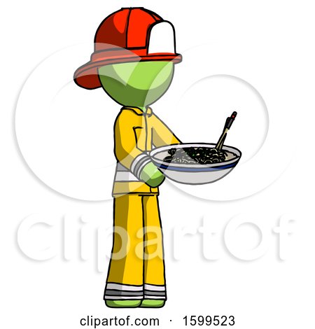 Green Firefighter Fireman Man Holding Noodles Offering to Viewer by Leo Blanchette