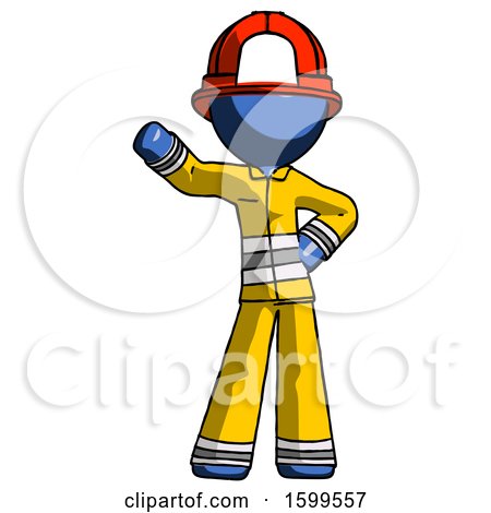 Blue Firefighter Fireman Man Waving Right Arm with Hand on Hip by Leo Blanchette