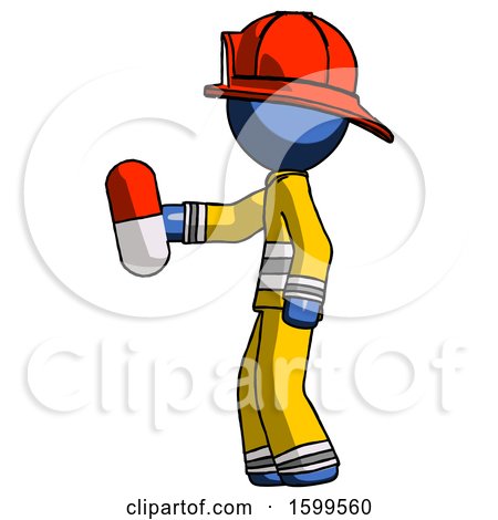 Blue Firefighter Fireman Man Holding Red Pill Walking to Left by Leo Blanchette