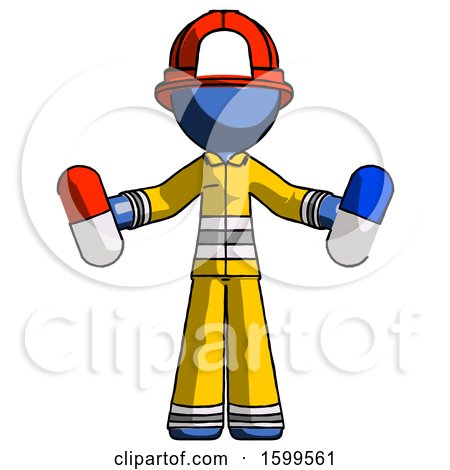 Blue Firefighter Fireman Man Holding a Red Pill and Blue Pill by Leo Blanchette
