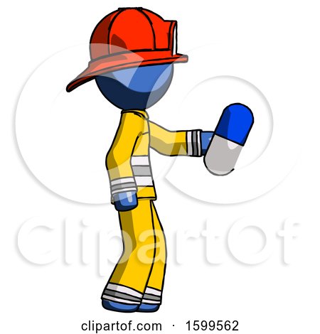 Blue Firefighter Fireman Man Holding Blue Pill Walking to Right by Leo Blanchette