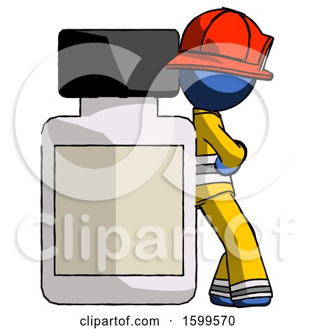 Blue Firefighter Fireman Man Leaning Against Large Medicine Bottle by Leo Blanchette