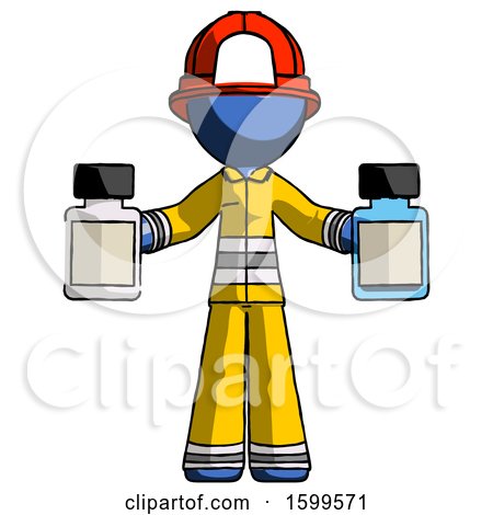 Blue Firefighter Fireman Man Holding Two Medicine Bottles by Leo Blanchette