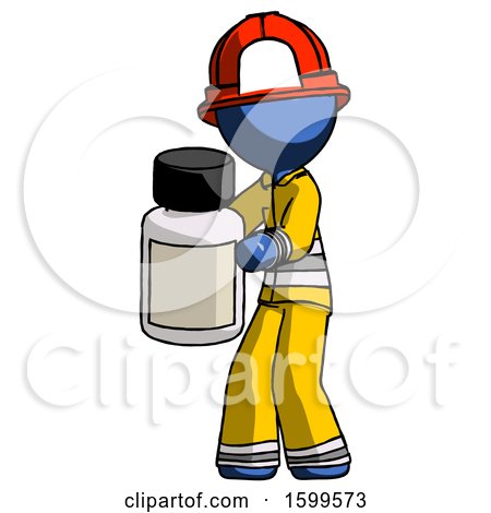 Blue Firefighter Fireman Man Holding White Medicine Bottle by Leo Blanchette