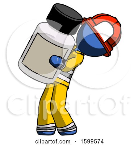 Blue Firefighter Fireman Man Holding Large White Medicine Bottle by Leo Blanchette