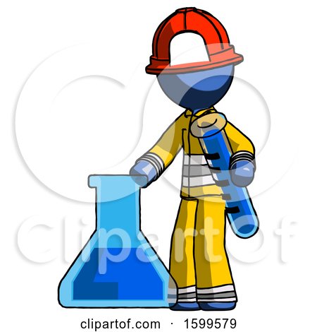 Blue Firefighter Fireman Man Holding Test Tube Beside Beaker or Flask by Leo Blanchette