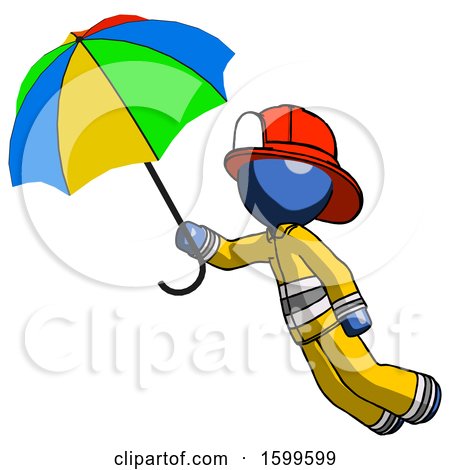 Blue Firefighter Fireman Man Flying with Rainbow Colored Umbrella by Leo Blanchette