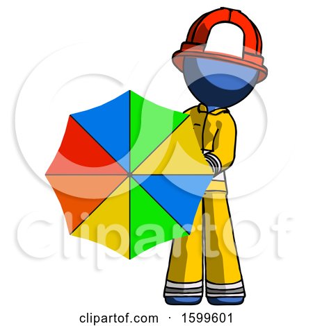 Blue Firefighter Fireman Man Holding Rainbow Umbrella out to Viewer by Leo Blanchette