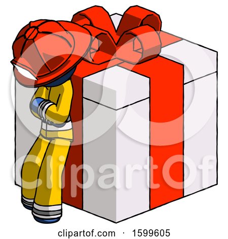 Blue Firefighter Fireman Man Leaning on Gift with Red Bow Angle View by Leo Blanchette