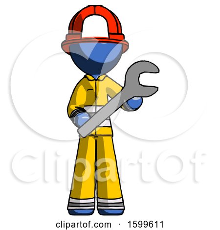Blue Firefighter Fireman Man Holding Large Wrench with Both Hands by Leo Blanchette