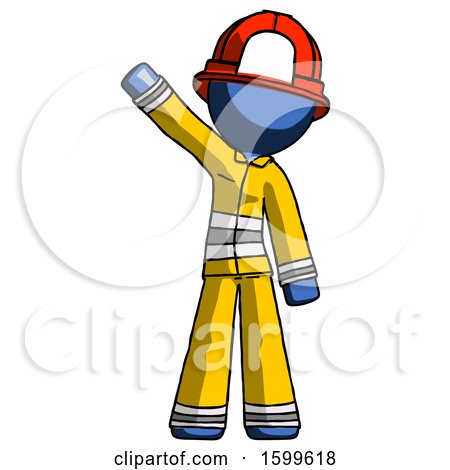 Blue Firefighter Fireman Man Waving Emphatically with Right Arm by Leo Blanchette