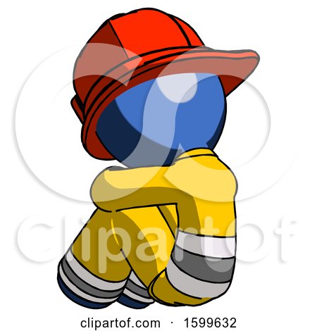 Blue Firefighter Fireman Man Sitting with Head down Back View Facing Left by Leo Blanchette