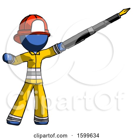 Blue Firefighter Fireman Man Pen Is Mightier Than the Sword Calligraphy Pose by Leo Blanchette