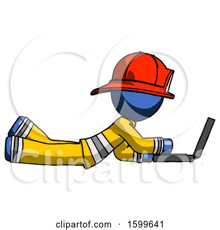 Blue Firefighter Fireman Man Using Laptop Computer While Lying on Floor Side View by Leo Blanchette