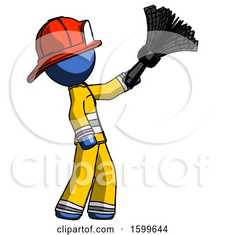 Blue Firefighter Fireman Man Dusting with Feather Duster Upwards by Leo Blanchette