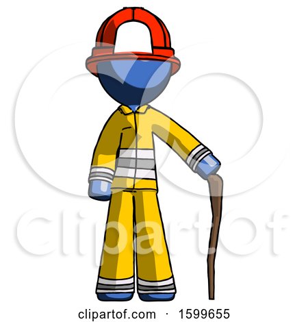 Blue Firefighter Fireman Man Standing with Hiking Stick by Leo Blanchette