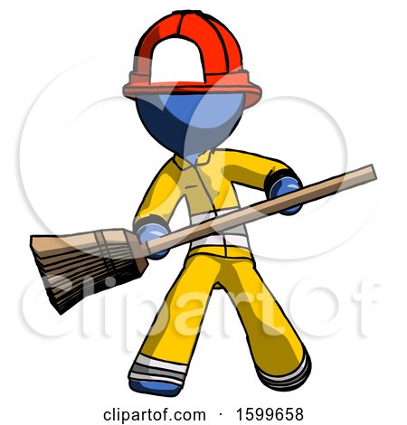 Blue Firefighter Fireman Man Broom Fighter Defense Pose by Leo Blanchette