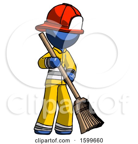 Blue Firefighter Fireman Man Sweeping Area with Broom by Leo Blanchette