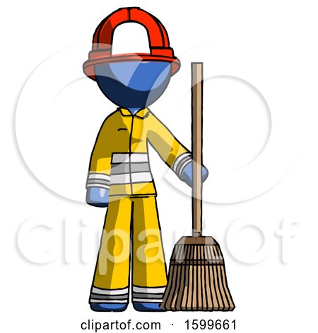 Blue Firefighter Fireman Man Standing with Broom Cleaning Services by Leo Blanchette