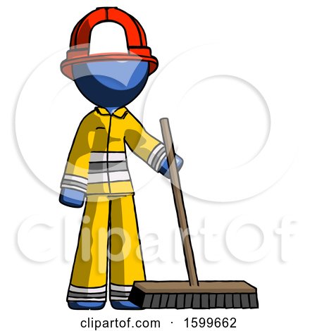Blue Firefighter Fireman Man Standing with Industrial Broom by Leo Blanchette