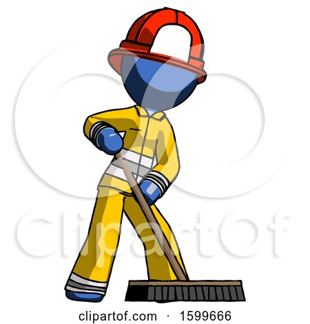 Blue Firefighter Fireman Man Cleaning Services Janitor Sweeping Floor with Push Broom by Leo Blanchette