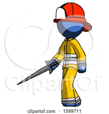 Blue Firefighter Fireman Man with Sword Walking Confidently by Leo Blanchette