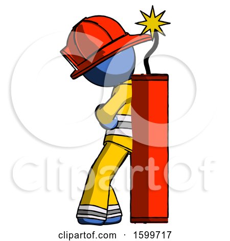 Blue Firefighter Fireman Man Leaning Against Dynimate, Large Stick Ready to Blow by Leo Blanchette