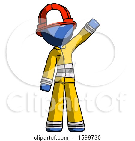 Blue Firefighter Fireman Man Waving Emphatically with Left Arm by Leo Blanchette