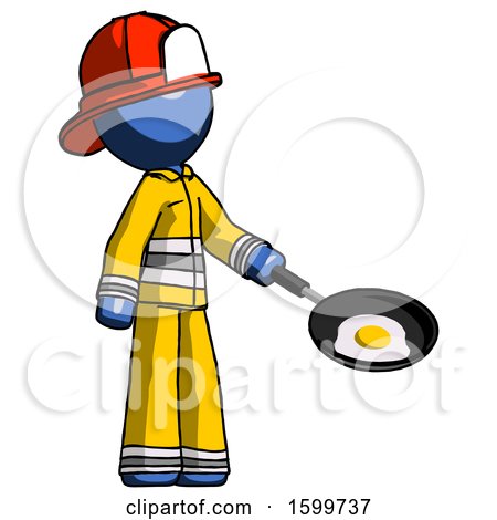 Blue Firefighter Fireman Man Frying Egg in Pan or Wok Facing Right by Leo Blanchette