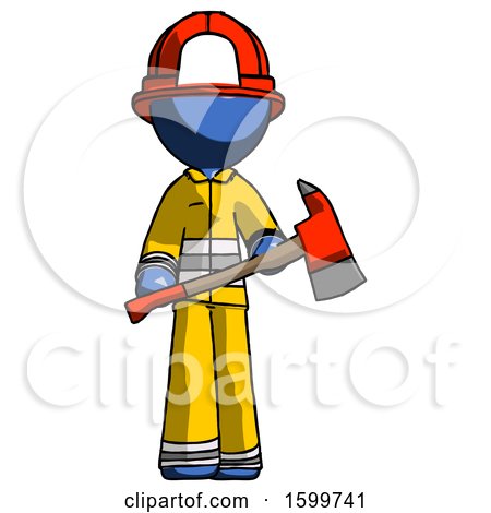 Blue Firefighter Fireman Man Holding Red Fire Fighter's Ax by Leo Blanchette