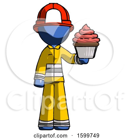 Blue Firefighter Fireman Man Presenting Pink Cupcake to Viewer by Leo Blanchette