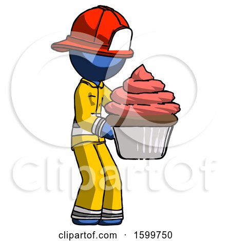 Blue Firefighter Fireman Man Holding Large Cupcake Ready to Eat or Serve by Leo Blanchette
