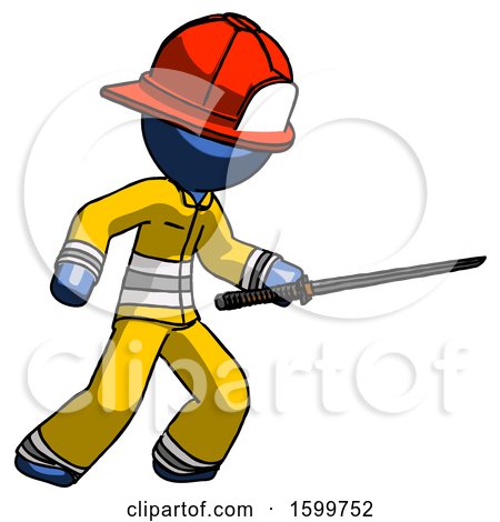 Blue Firefighter Fireman Man Stabbing with Ninja Sword Katana by Leo Blanchette