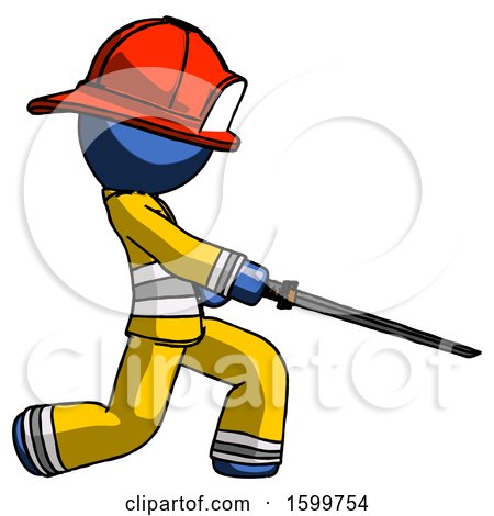 Blue Firefighter Fireman Man with Ninja Sword Katana Slicing or Striking Something by Leo Blanchette