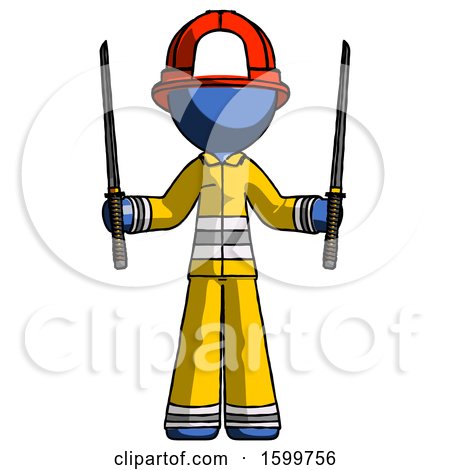 Blue Firefighter Fireman Man Posing with Two Ninja Sword Katanas up by Leo Blanchette