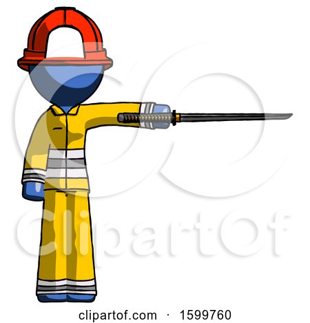 Blue Firefighter Fireman Man Standing with Ninja Sword Katana Pointing Right by Leo Blanchette